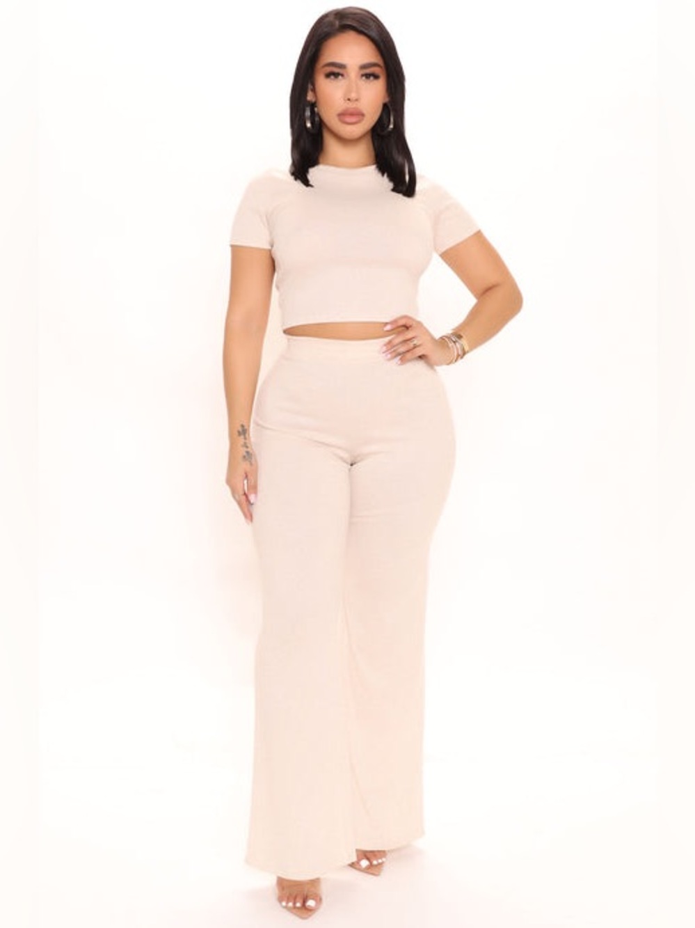 Fashion Nova Two-Piece Wide Leg Knit Set - Cream